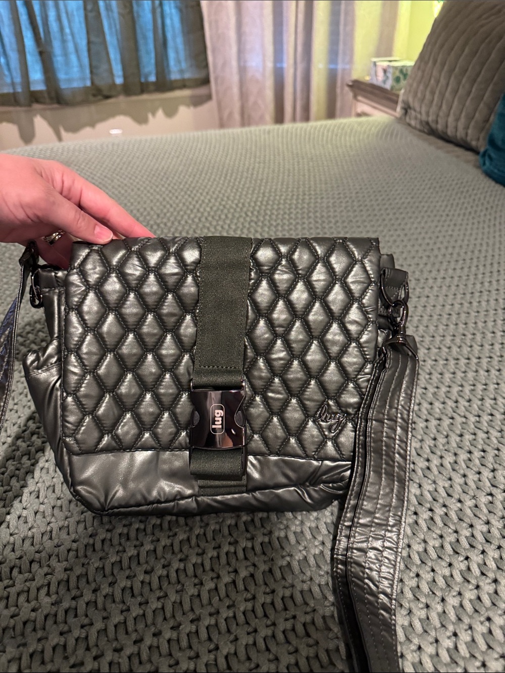 lug Quilted Metallic olive green Crossbody with Front Clasp